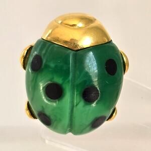 Vintage Crown Trifari Brooch Small Ladybug Gold Tone Green Marbled Lucite? 1960s